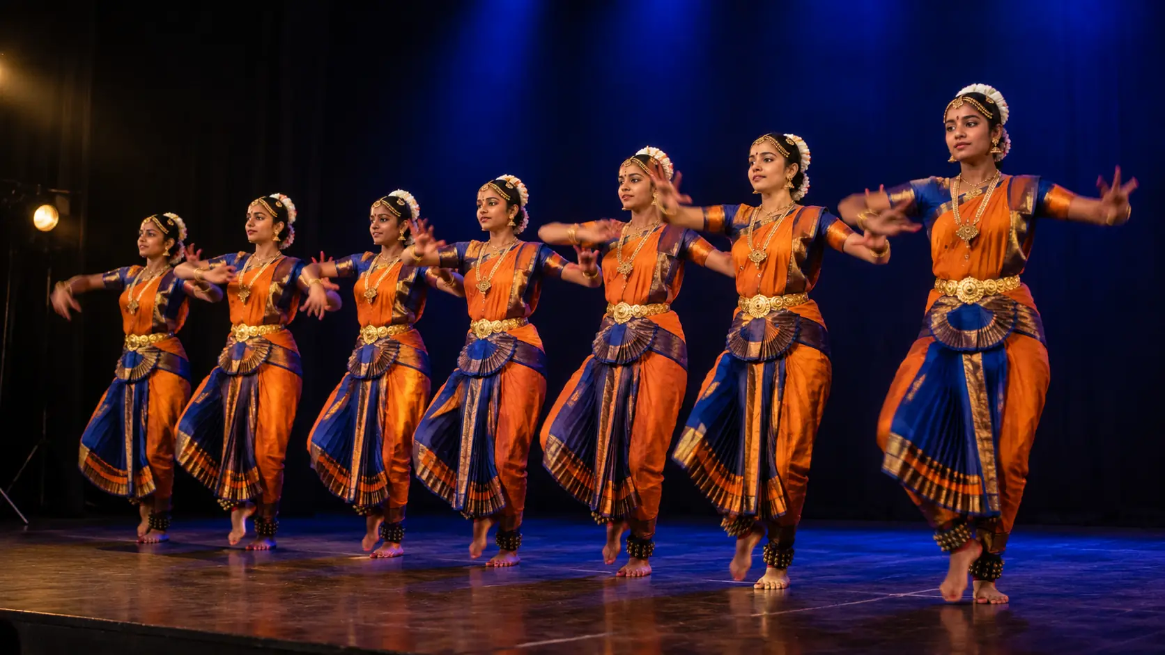 A line of classical dancers in orange and blue costume, arms extended in unison on a lit stage