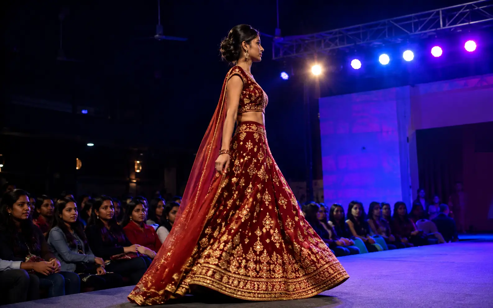 A model mid-stride on a ramp in a red and gold lehenga, the audience seated alongside